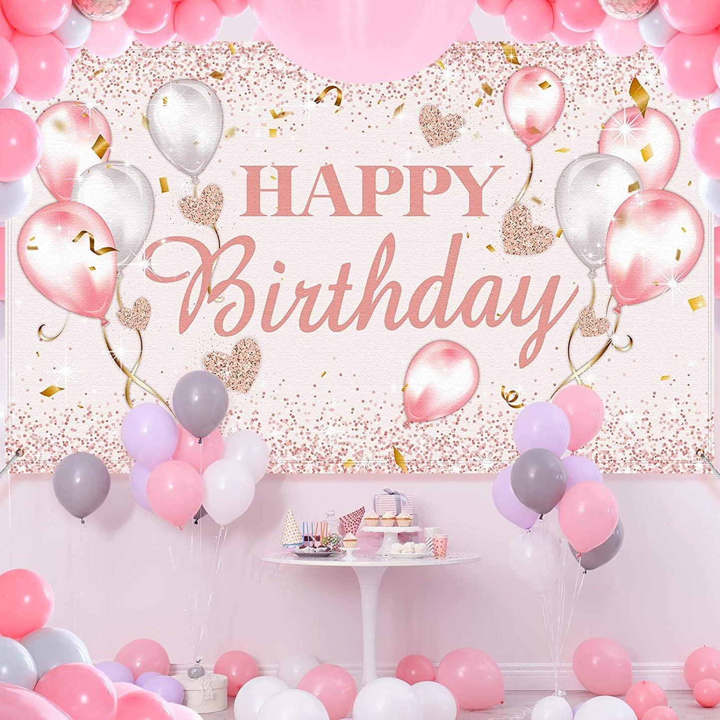 Pink and Rose Gold Happy Birthday Party Decorations Supplies Birthday Party Backdrop - Lasercutwraps Shop