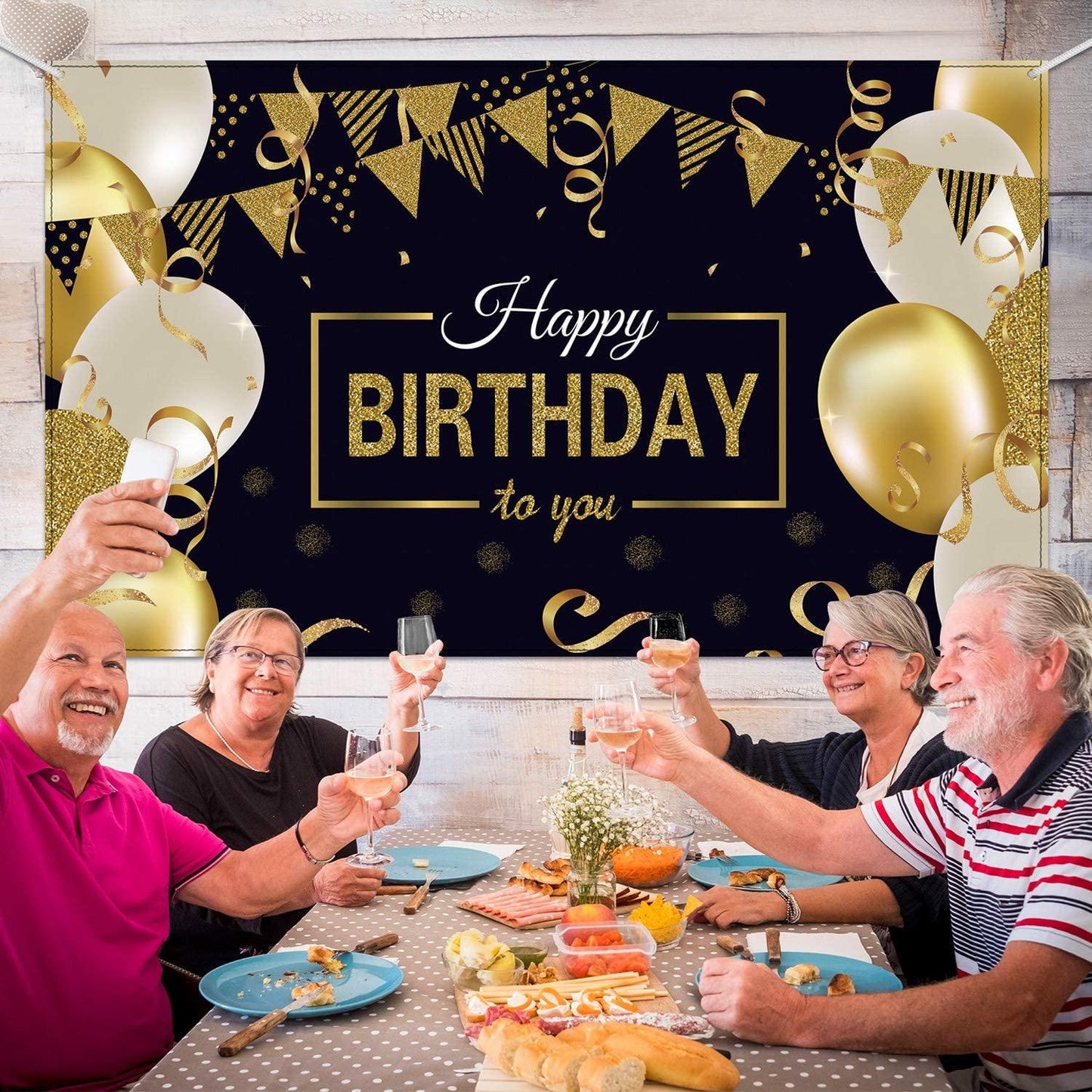 Happy Birthday Backdrop Banner Extra Large Black and Gold Sign Poster for Men Women Birthday Anniversary Party Photo Booth Backdrop - Lasercutwraps Shop