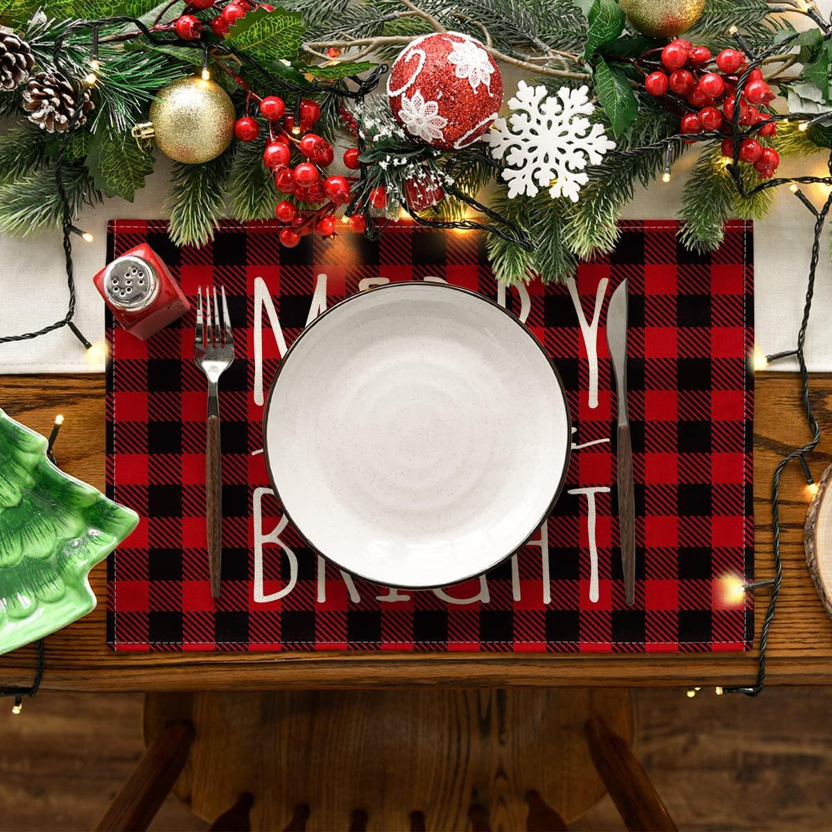 Merry and Bright Buffalo Plaid Christmas Placemats for Dining Table, 12 x 18 Inch Seasonal Winter Washable Table Mats Set of 4 - Lasercutwraps Shop