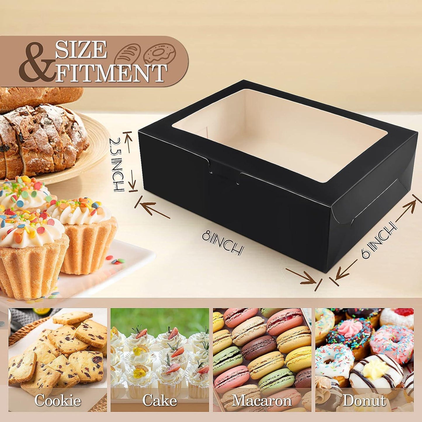 65 PCS 8x6x2.5 Inch Cookie Boxes with Window Black Bakery Boxes Pastry Boxes for Gift Giving, Treat, Dessert - Lasercutwraps Shop