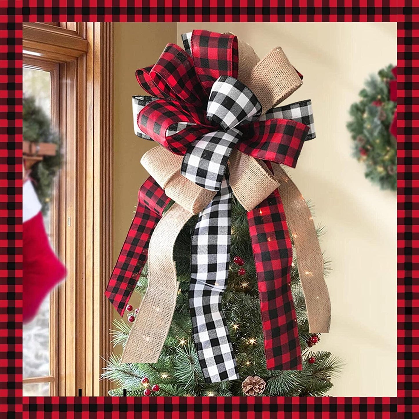 Christmas Tree Topper Buffalo Plaid Red Black Burlap Decorative Bow - Lasercutwraps Shop