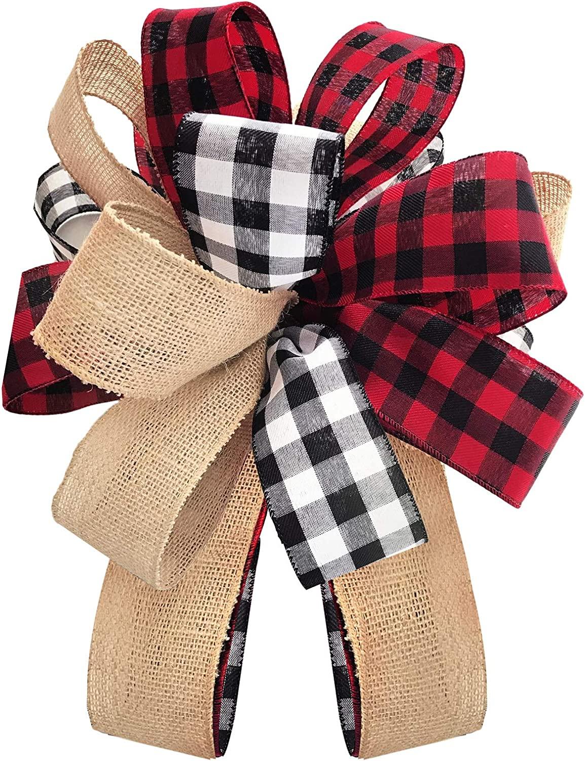Christmas Tree Topper Buffalo Plaid Red Black Burlap Decorative Bow - Lasercutwraps Shop