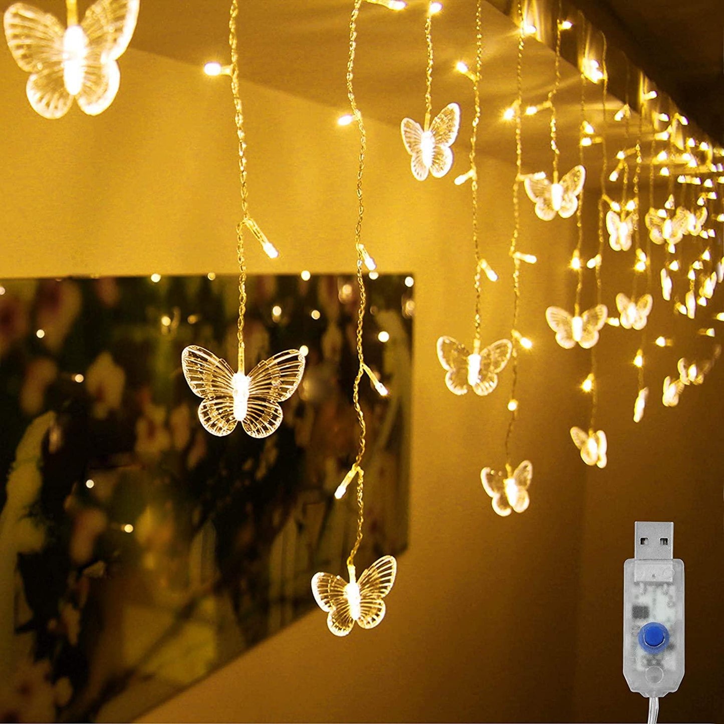Curtain Lights 48 LED USB Powered 8 Modes Waterproof Window Curtain String Lights with 10 Butterflies Lights for Christmas Holiday Party Decoration - Lasercutwraps Shop
