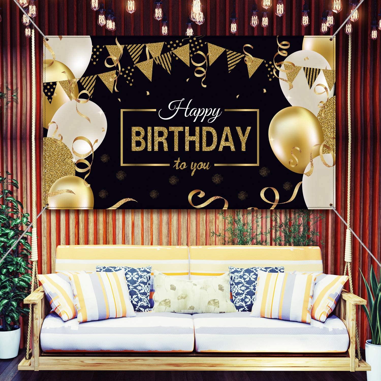 Happy Birthday Backdrop Banner Extra Large Black and Gold Sign Poster for Men Women Birthday Anniversary Party Photo Booth Backdrop - Lasercutwraps Shop