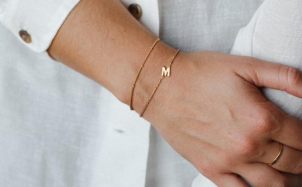 Dainty Gold Initial Bracelets for Women, 14K Gold Plated Dainty Personalized Gold Bracelets Initial Bracelets for Women Teen Girls - Lasercutwraps Shop
