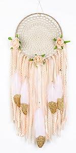 Boho Dream Catcher for Bedroom, Handmade White Gold Feather Flowers Dream Catchers for Girls Kids Nursery Bedroom Wall Decor - Lasercutwraps Shop