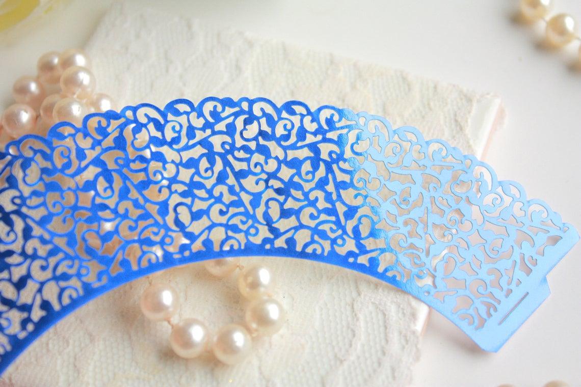 Metallic Blue Lace Filigree Cupcake Wrappers - Lasercutwraps Shop