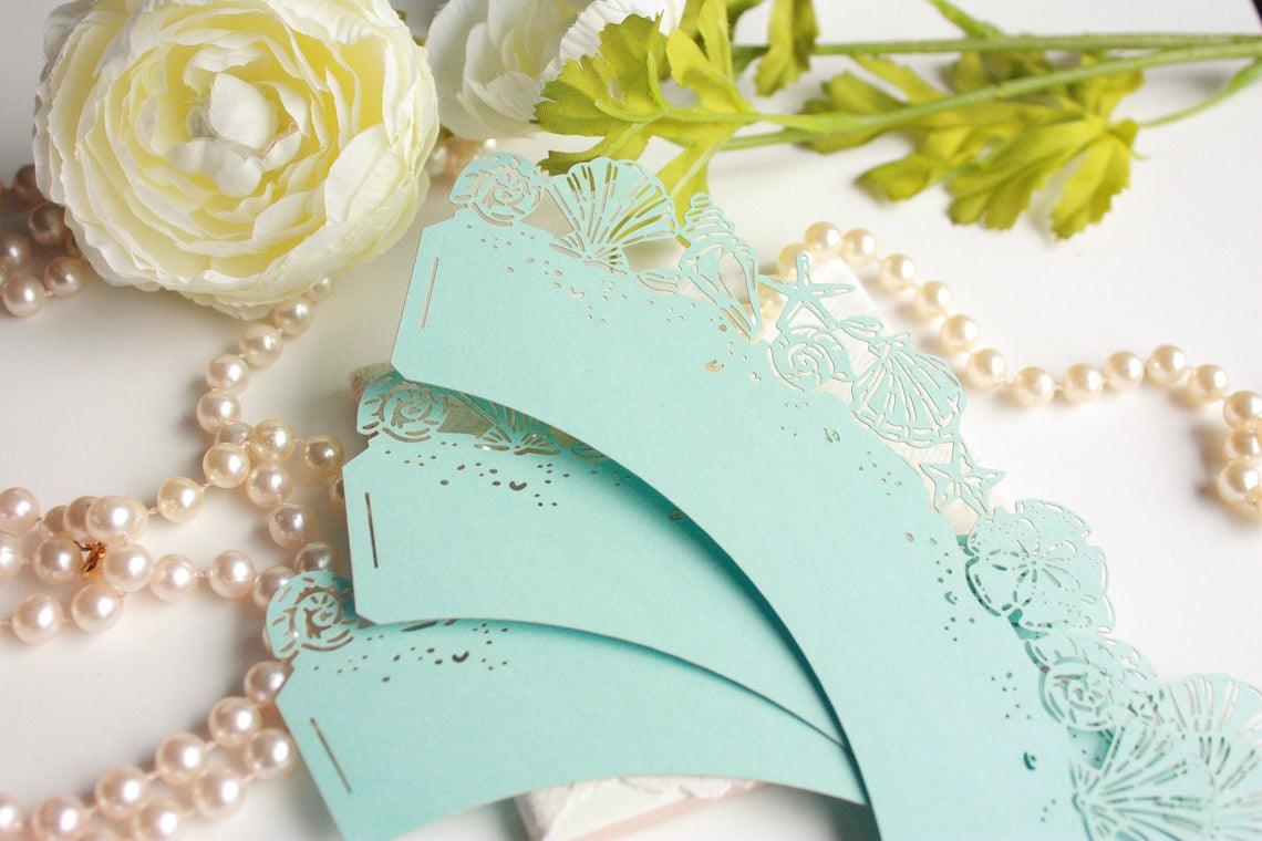 Blue Seashell Cupcake Wrappers for Standard or MINI Size Cupcakes, Beach Wedding Light Blue Laser Cut Cupcake Wrapper/Liner - Set of 50 - Lasercutwraps Shop