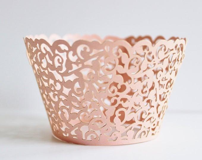 Wedding Cupcake Wrappers 12 or 24 Pink Lace Laser Cut Paper / Shower / Baking / Gifts - Lasercutwraps Shop
