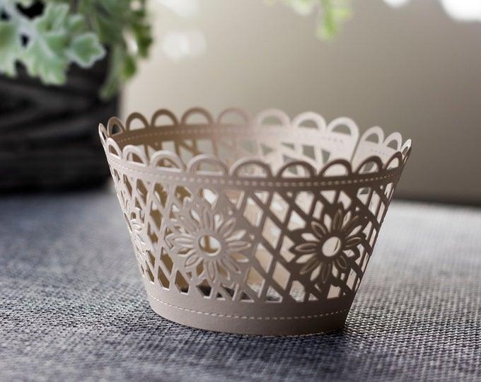 12 Ivory Shimmer Daisy Laser Cut Cupcake Wrappers, 12 Ct Shimmer Ivory/Soft Gold Cupcake Wrap - Lasercutwraps Shop