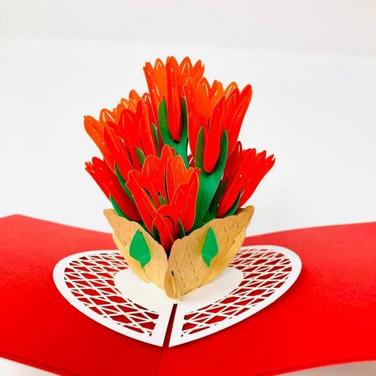 Bright Red Tulip Flowers 3D Handmade Pop Up Card - Lasercutwraps Shop