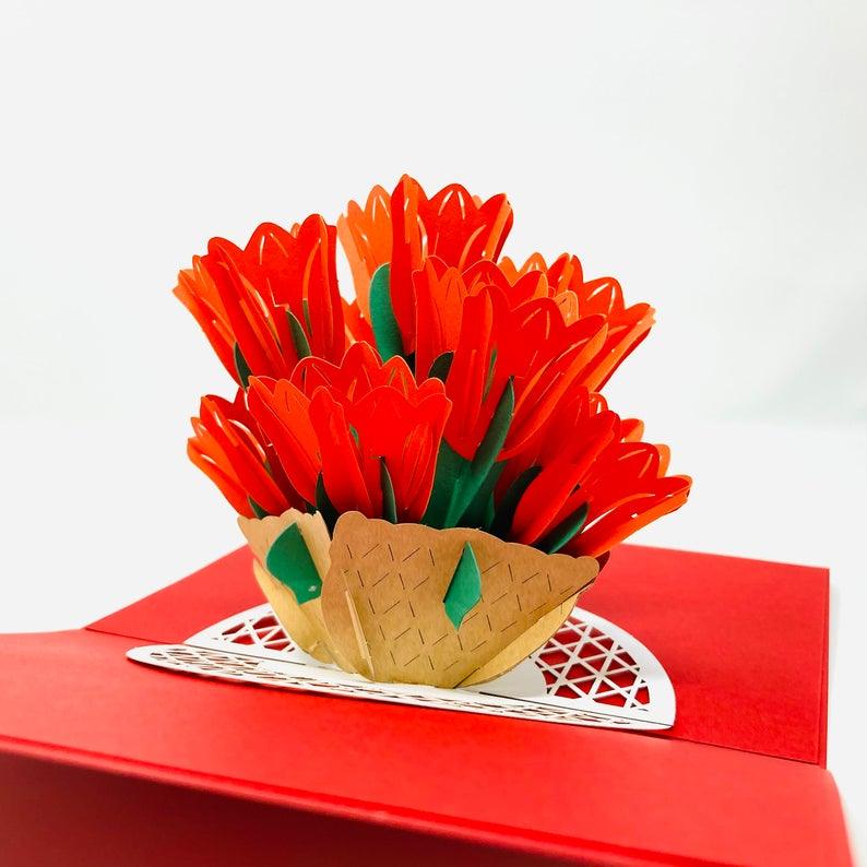 Bright Red Tulip Flowers 3D Handmade Pop Up Card - Lasercutwraps Shop
