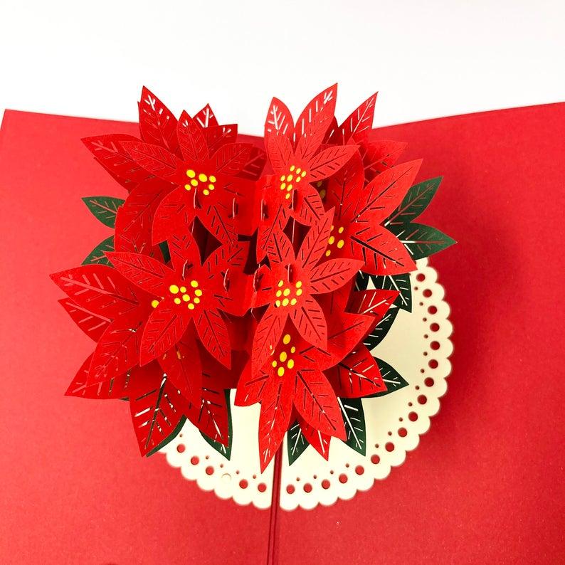 Red And Green Poinsettia Flowers 3D Handmade Pop Up Card - Lasercutwraps Shop