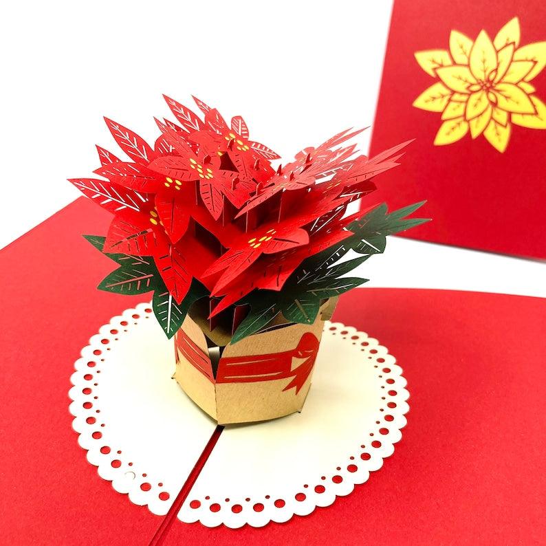 Red And Green Poinsettia Flowers 3D Handmade Pop Up Card - Lasercutwraps Shop