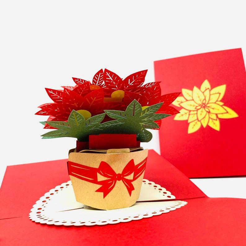 Red And Green Poinsettia Flowers 3D Handmade Pop Up Card - Lasercutwraps Shop
