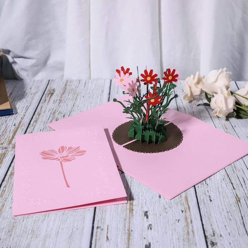 Wild Pink & Red Daisies 3D Handmade Pop Up Card - Lasercutwraps Shop