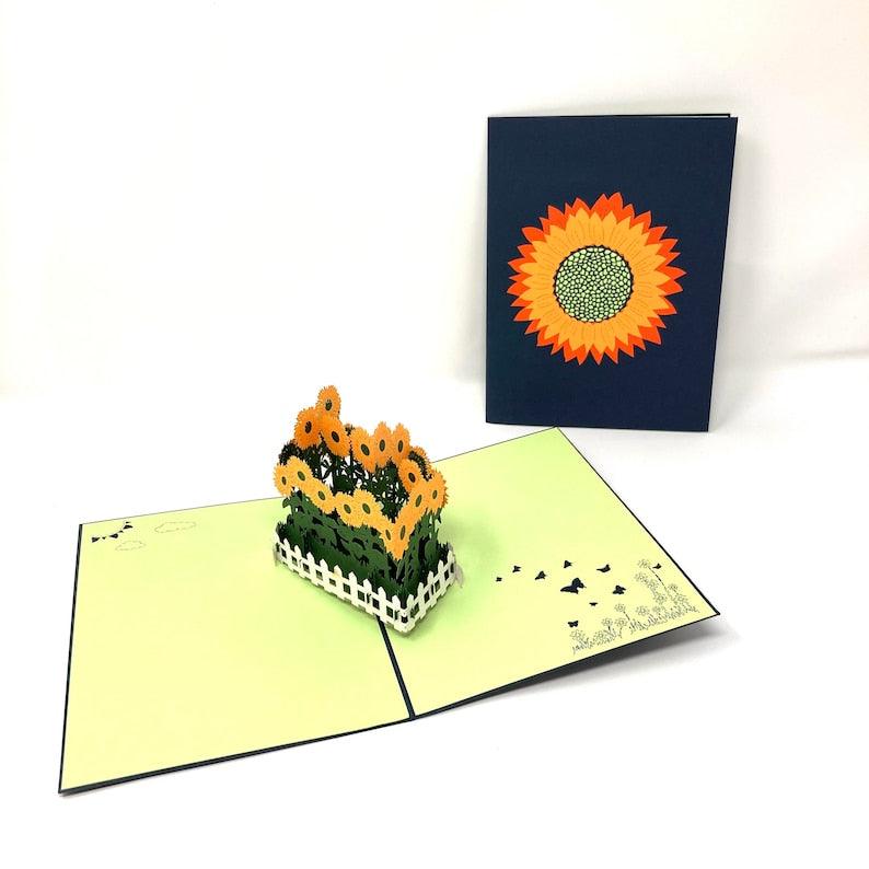 Sunflowers In White Picket Fence 3D Handmade Pop Up Card - Lasercutwraps Shop