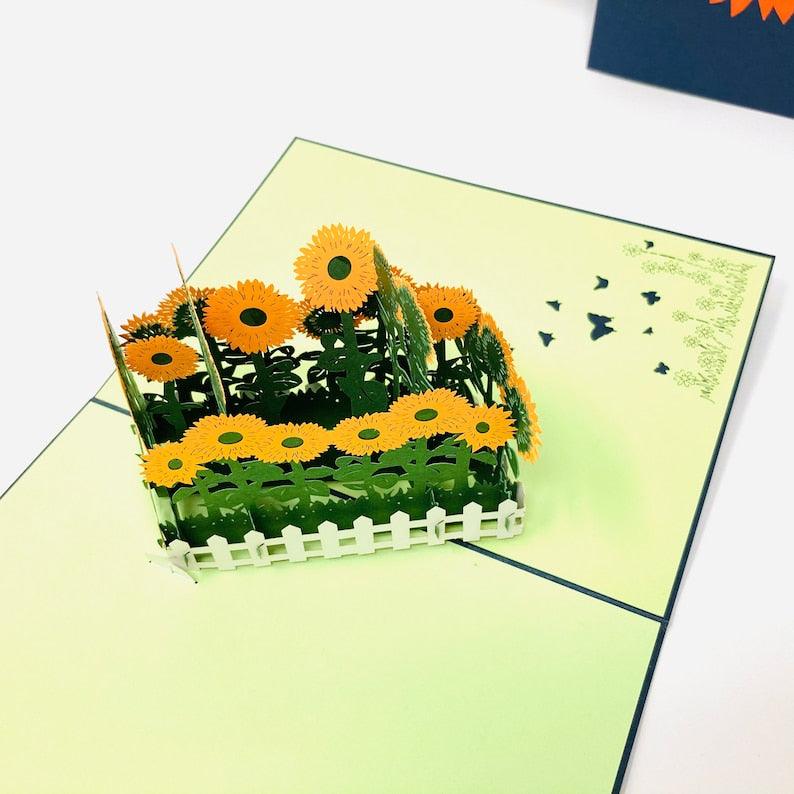 Sunflowers In White Picket Fence 3D Handmade Pop Up Card - Lasercutwraps Shop