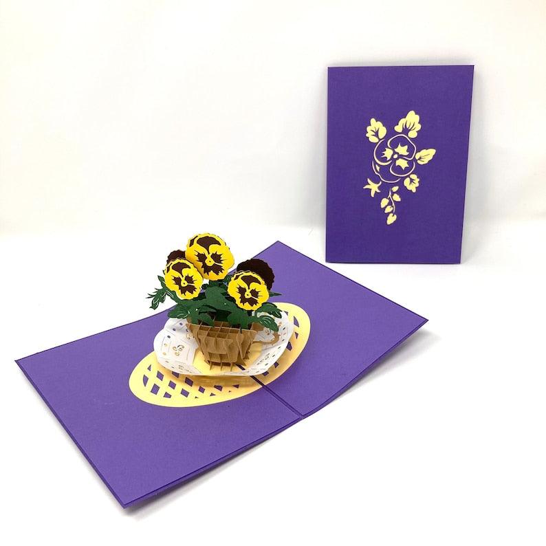 Basket Of Yellow Pansies 3D Pop Up Handmade Greetings Card - Lasercutwraps Shop