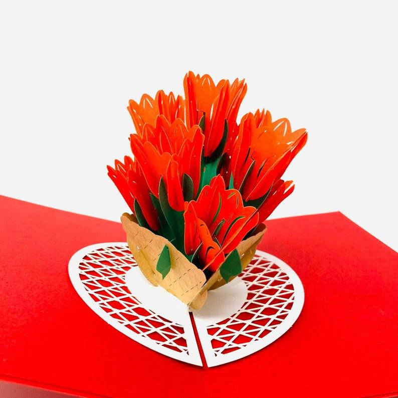 Bright Red Tulip Flowers 3D Handmade Pop Up Card - Lasercutwraps Shop