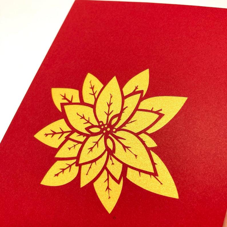 Red And Green Poinsettia Flowers 3D Handmade Pop Up Card - Lasercutwraps Shop