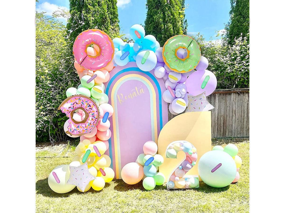 169pcs Macaron Donut Balloon Garland Arch Kit with Green, Purple, Yellow, Pink, Blue Pastel Balloons, Donuts Star Foil Balloons - Lasercutwraps Shop