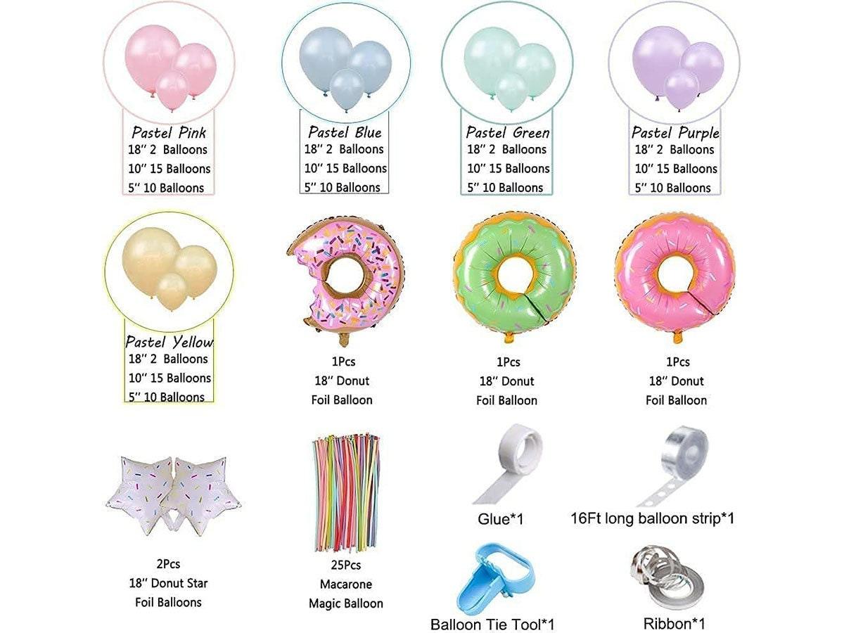 169pcs Macaron Donut Balloon Garland Arch Kit with Green, Purple, Yellow, Pink, Blue Pastel Balloons, Donuts Star Foil Balloons - Lasercutwraps Shop