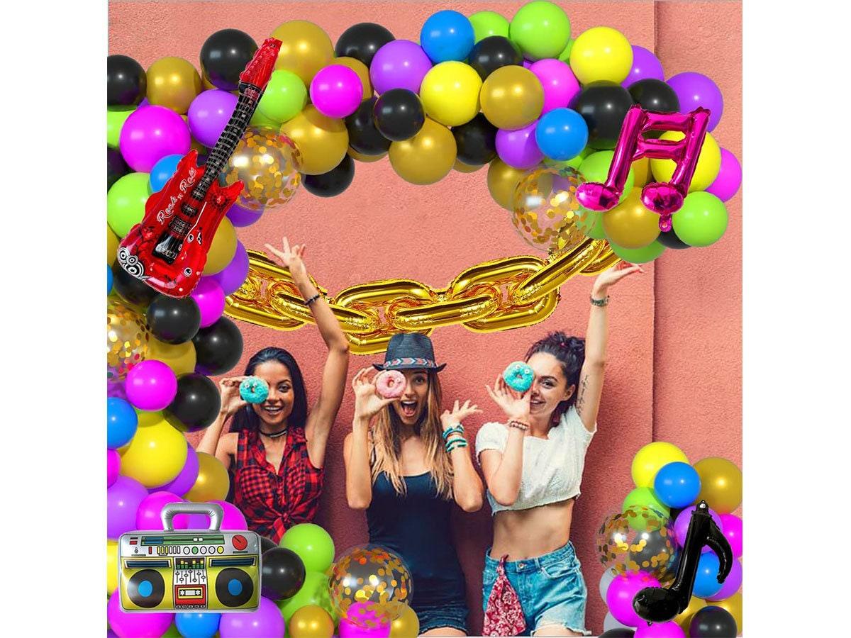 90S 80S Themed Balloon Garland Party Decorations Purple Rose Red Green Yellow Blue Black Gold Confetti Balloons Chain Radio Guitar Music - Lasercutwraps Shop