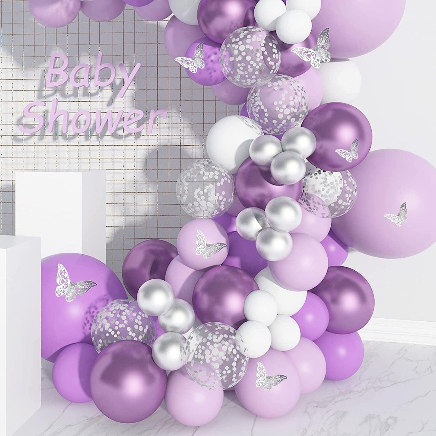 140pcs Purple Balloon Garland Kit, Baby Shower Decorations for Girl with 12 Pcs Butterfly Stickers Lavender Metallic Silver Balloon Arch - Lasercutwraps Shop