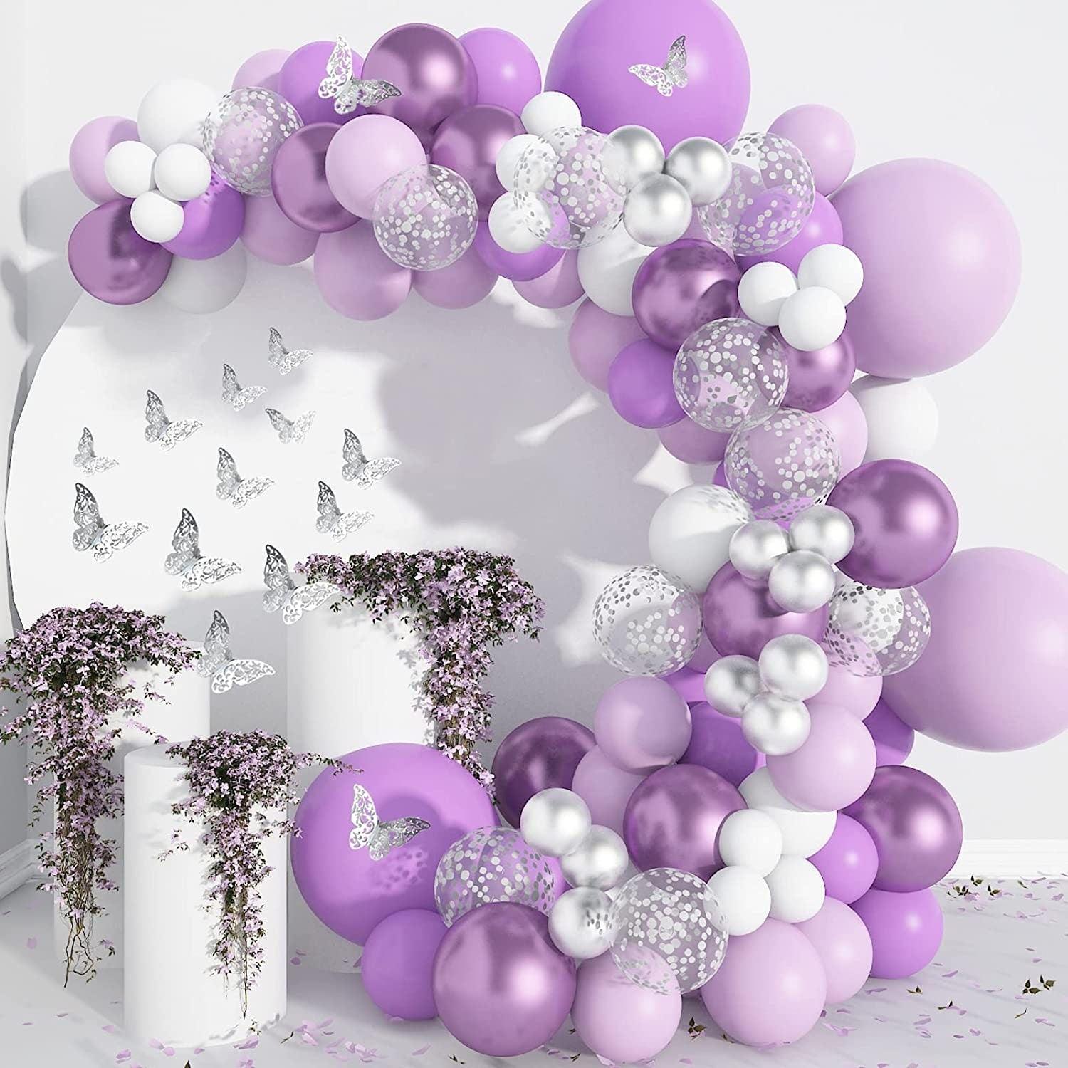 140pcs Purple Balloon Garland Kit, Baby Shower Decorations for Girl with 12 Pcs Butterfly Stickers Lavender Metallic Silver Balloon Arch - Lasercutwraps Shop