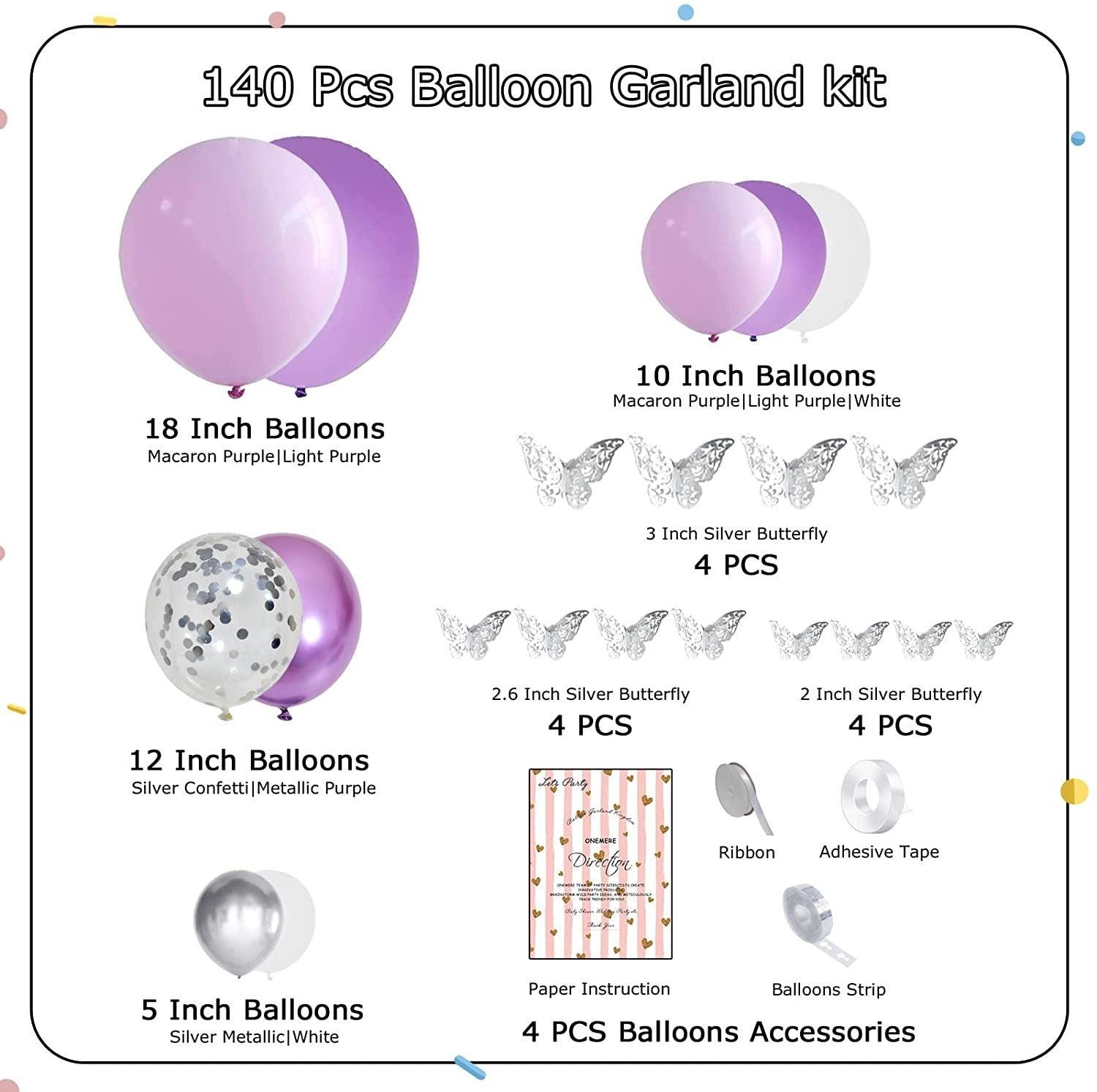 140pcs Purple Balloon Garland Kit, Baby Shower Decorations for Girl with 12 Pcs Butterfly Stickers Lavender Metallic Silver Balloon Arch - Lasercutwraps Shop