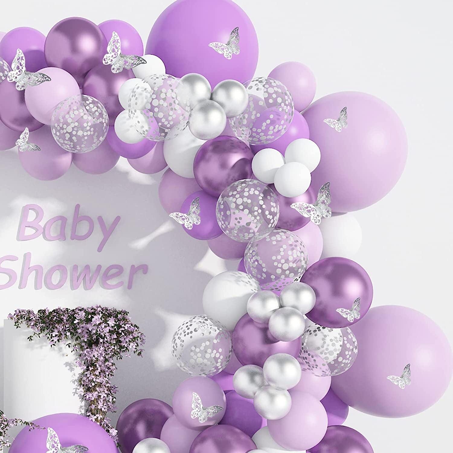 140pcs Purple Balloon Garland Kit, Baby Shower Decorations for Girl with 12 Pcs Butterfly Stickers Lavender Metallic Silver Balloon Arch - Lasercutwraps Shop