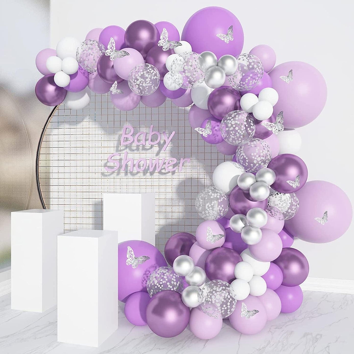 140pcs Purple Balloon Garland Kit, Baby Shower Decorations for Girl with 12 Pcs Butterfly Stickers Lavender Metallic Silver Balloon Arch - Lasercutwraps Shop