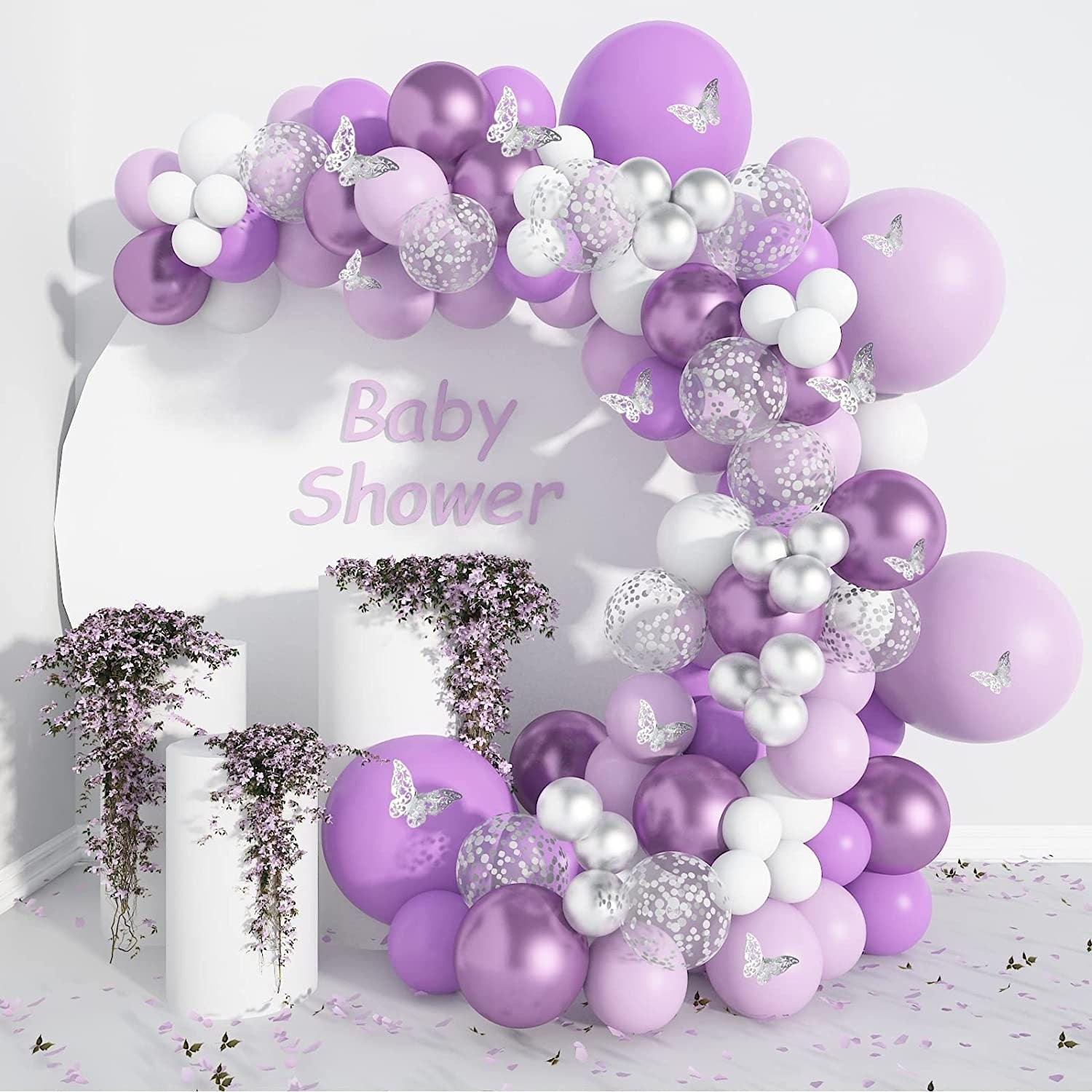 140pcs Purple Balloon Garland Kit, Baby Shower Decorations for Girl with 12 Pcs Butterfly Stickers Lavender Metallic Silver Balloon Arch - Lasercutwraps Shop