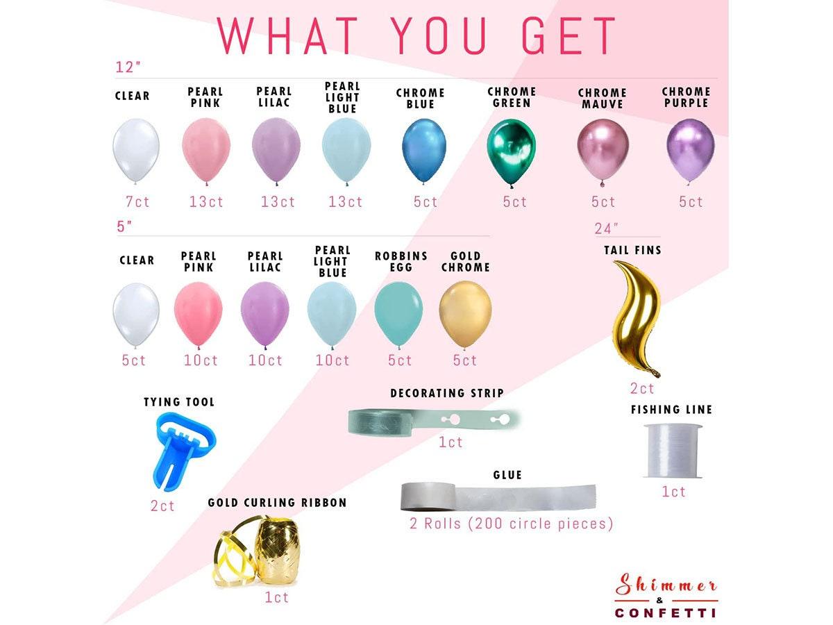 Shimmer and Confetti Premium Mermaid Balloon Garland and Arch Kit. Tail Fins, Pink, Purple, Aqua, Gold, Tying Tool, Fishing Line, Tape, Glue - Lasercutwraps Shop