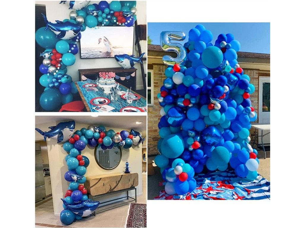 Shark Party Decorations Supplies Caribbean Blue Sliver Red Balloon Arch Kit & Garland With Shark Balloons, 115pcs For Baby Shower - Lasercutwraps Shop
