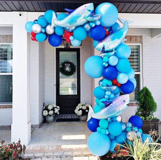 Shark Party Decorations Supplies Caribbean Blue Sliver Red Balloon Arch Kit & Garland With Shark Balloons, 115pcs For Baby Shower - Lasercutwraps Shop