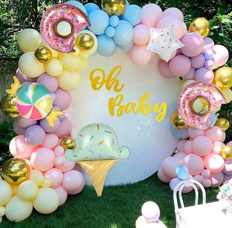 Pastel Donut Balloons Garland Kit 147pcs Including Donut with Sprinkles Ice Cream Gold Foil Balloon + Macaron 4 Colors Latex Balloons - Lasercutwraps Shop