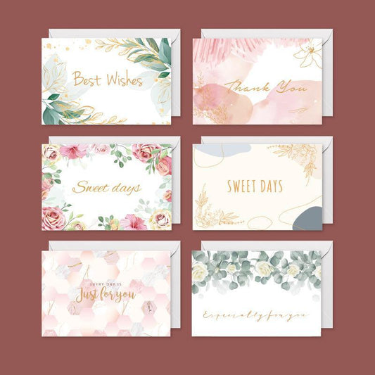 Thank You Cards With Envelopes 48 Bulk - Floral Leaves Gold Thank You Cards 6 Design 4 X 6 Inch - Lasercutwraps Shop