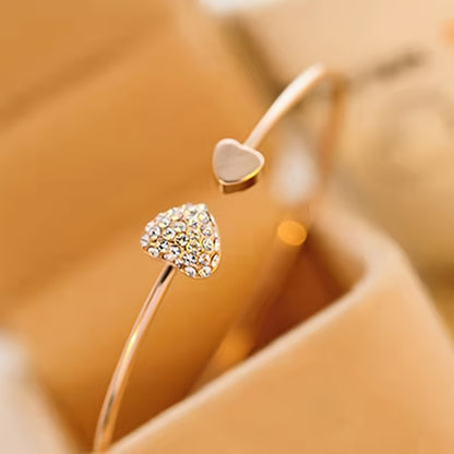 Simple Style Love Heart Open Bangle Bracelet Inlaid Shiny Rhinestone Simple Style