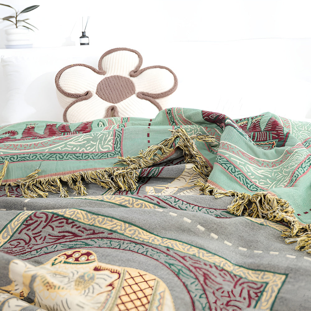 Bohemian Elephant Print Tassel Cotton Blanket