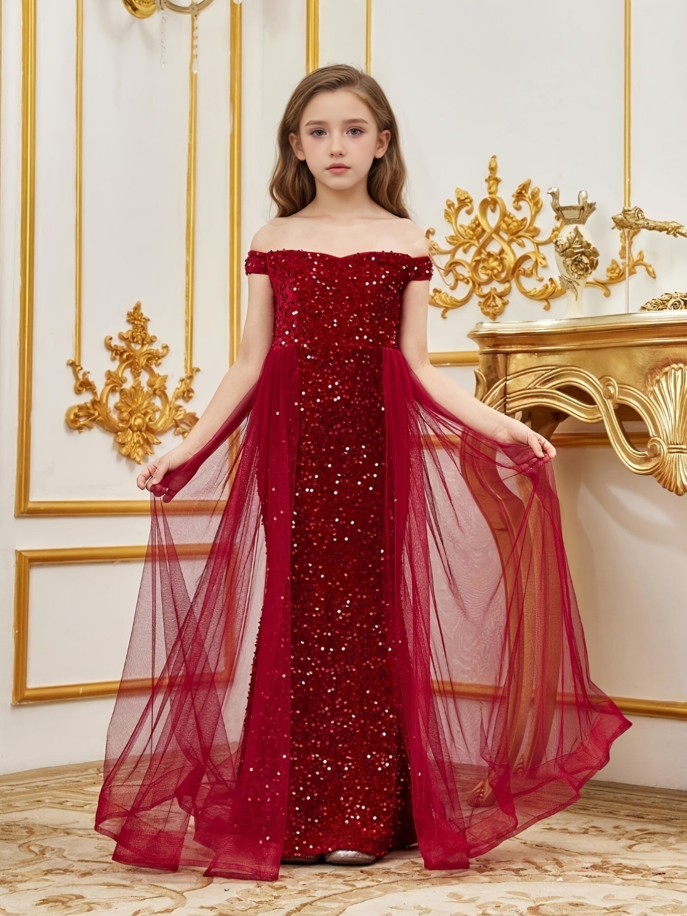 Girls' Luxury Off-Shoulder Sequin Mermaid Party Dress - Long Tulle Layered Fitted Evening Gown for Special Occasions
