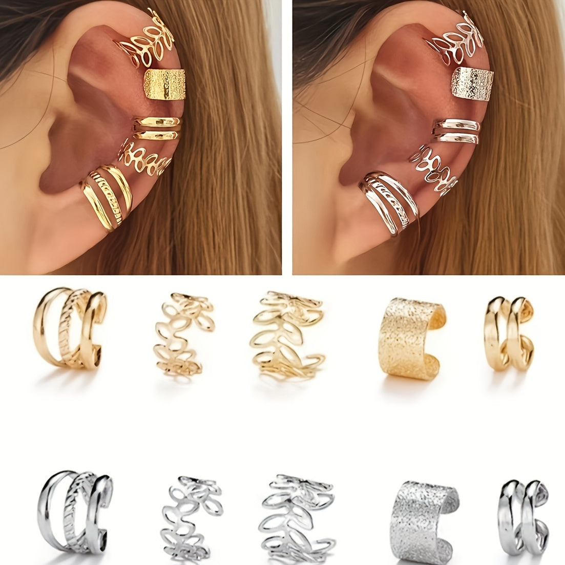 5pcs Women's C-Shaped Clip-On Earrings Set, Minimalist No-Piercing Ear Cuff Earrings