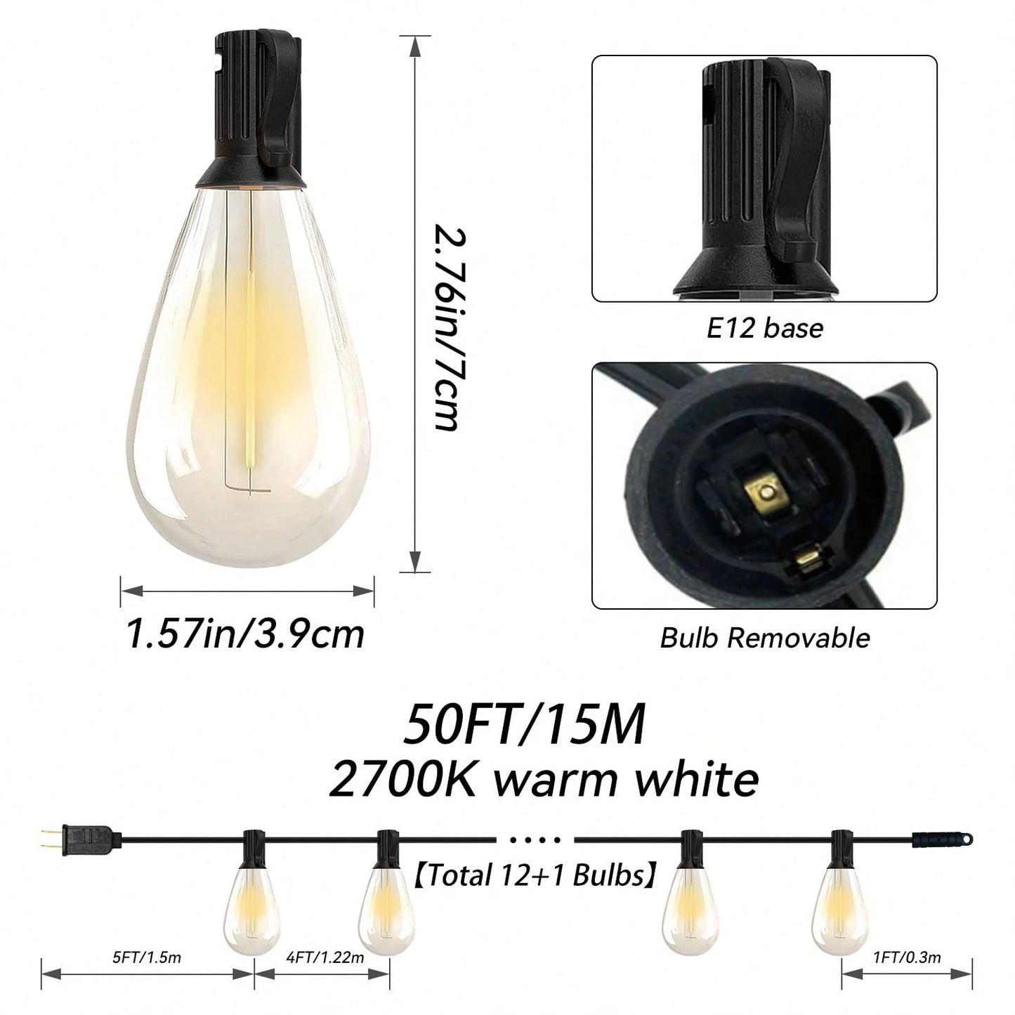 S14 Outdoor String Lights 50ft Commercial Grade Strand with 13 Edison Vintage Waterproof Bulbs