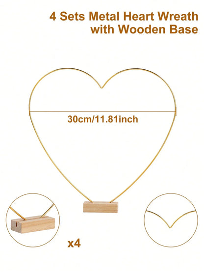 4-Piece Metal Heart Wreath with Wooden Base Gold Floral Display Stand