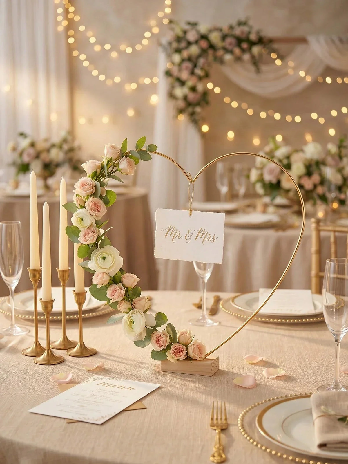 4-Piece Metal Heart Wreath with Wooden Base Gold Floral Display Stand