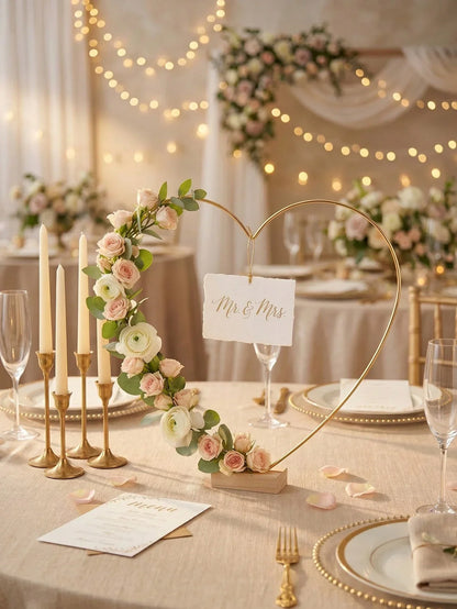 4-Piece Metal Heart Wreath with Wooden Base Gold Floral Display Stand