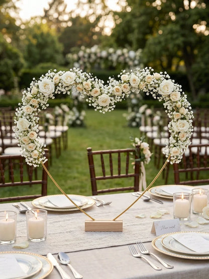 4-Piece Metal Heart Wreath with Wooden Base Gold Floral Display Stand
