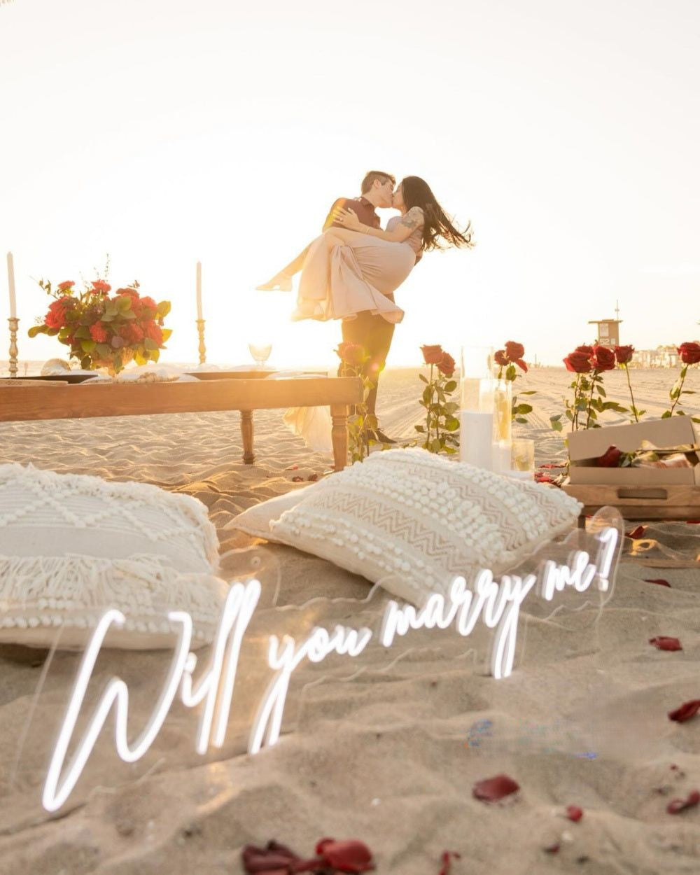 Will You Marry Me Neon Sign Romantic Proposal Beach Setup Idea