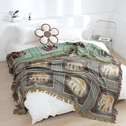Bohemian Elephant Print Tassel Cotton Blanket